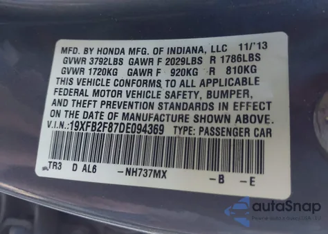 2013 Honda Civic Ex из США, поврежденный, VIN 19XFB2F87DE094369